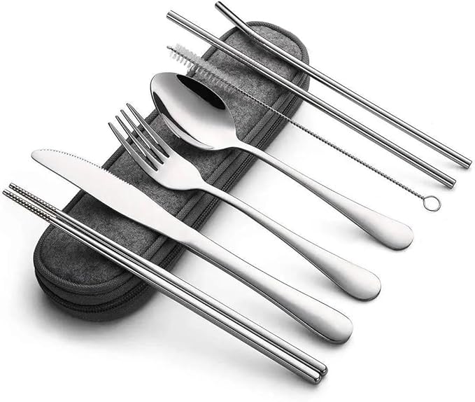 8Pcs Tableware Reusable Travel Cutlery Set Camp Utensils Set with Stainless Steel Spoon Fork Chopsticks Straw Portable Case