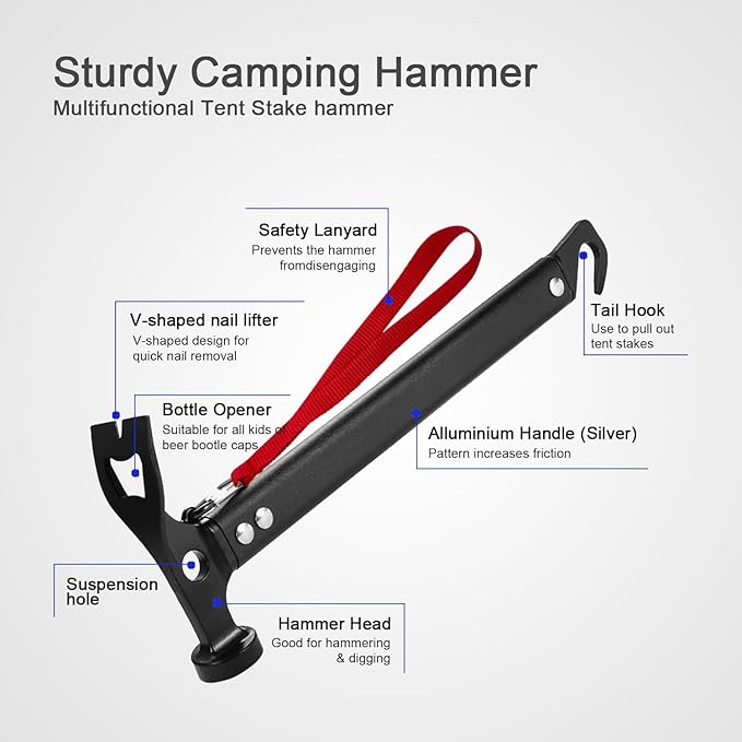 8 Pack Tent Stakes Camping Accessories Kit and Camping Hammer with Canvas Storage Bag for Outdoor Tent &amp tarp-Essential Accessories Carbon Steel Aluminum Camping Hammer for Hiking Kit