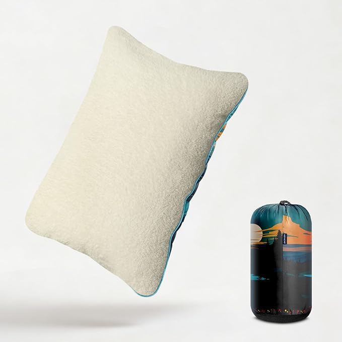 Camping Pillow Sherpa Lining Travel Pillow Supportive Compressible Lightweight Camp Pillow with Storage Bag for CampingHikingBackpackingAirplane
