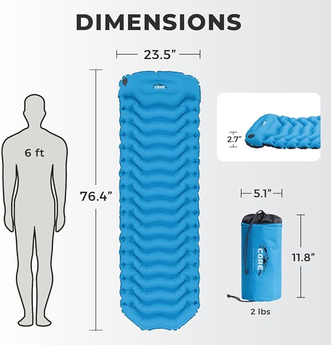 CORE Sleeping Pad for Camping | Perfect Ultralight Sleeping Mat for Tents Camping Cot &amp Backpacking Gear | Lightweight &amp Inflatable Blow Up Mattress for Travel Hiking &amp Outdoor Use