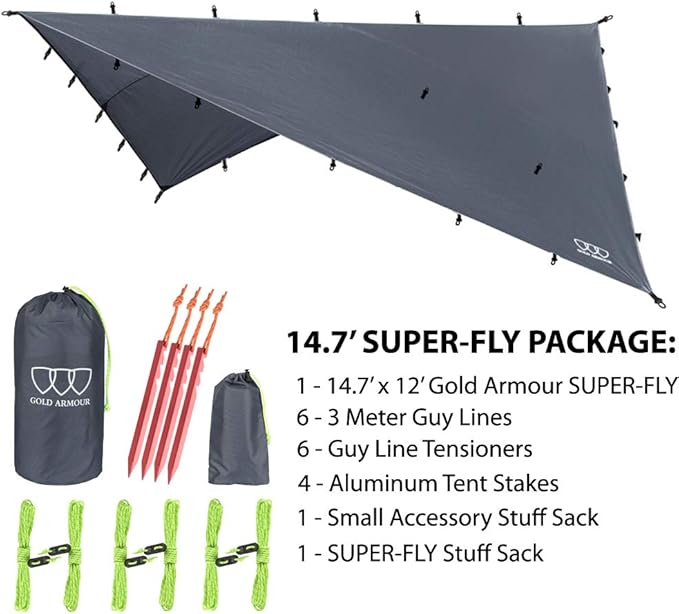 Gold Armour Rainfly Tarp Hammock Premium 14.7ft/12ft/10ft/8ft Rain Fly Cover Waterproof Ultralight Camping Shelter Canopy Survival Equipment Gear Camping Tent Accessories (Gray 14.7ft x 12ft)