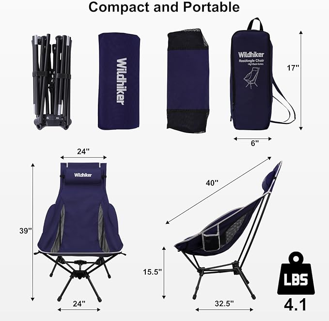 Wildhiker Portable Compact Folding Camping Chairs – Lightweight High Back with Pillow Deep Recline ArmPads Side Pockets-for Motorcycle RV Backpacking Travel Festival – Indigo Blue