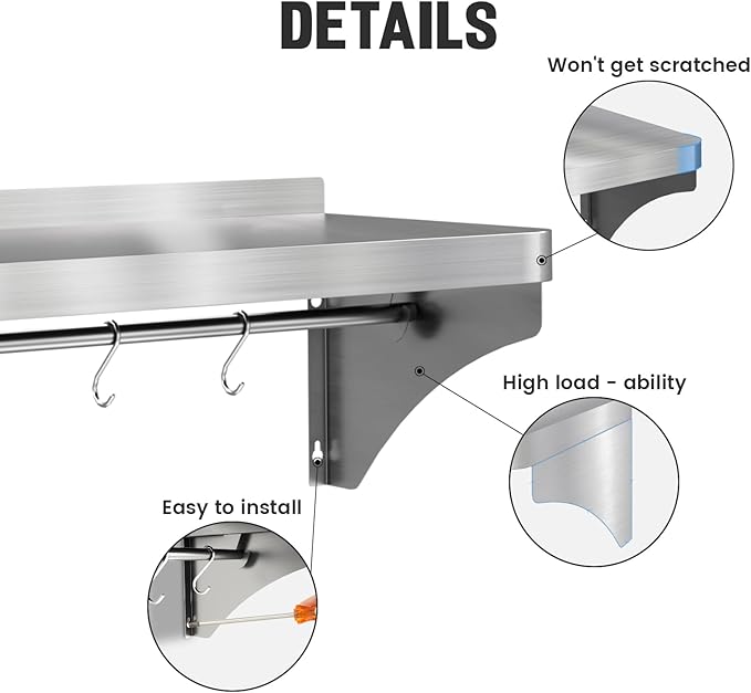 Commercial Stainless Steel Shelf 36 x 12 - 250lb Load Capacity Heavy Duty Stainless Steel Wall Mounted Kitchen Shelf with Backsplash &amp 6 Hooks for Restaurant Laundry