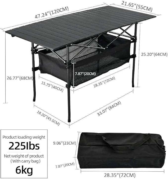 Outdoor Folding Portable Picnic Camping Table Aluminum Roll-up Table with Easy Carrying Bag for IndoorOutdoorCamping BeachBackyard BBQ Party Patio Picnic