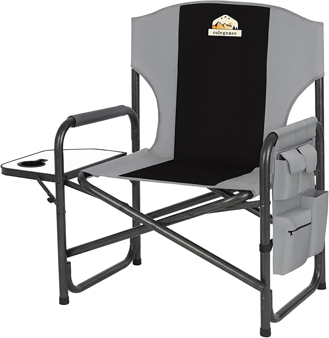 Oversized Directors Camping Chair Support 600 LBS Heavy Duty Folding Outdoor Chairs with Detachable Side Pocket and Adjustable Side Table for Outside BeachLawnFishing (Black)