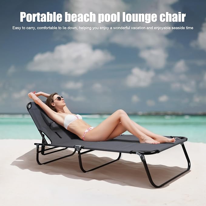 Patio Lounge Chair Folding Heavy Duty 330LB Loading Chaise Chair Adjustable Portable Chair for Home Garden Beach Office Nap Camping Sleeping