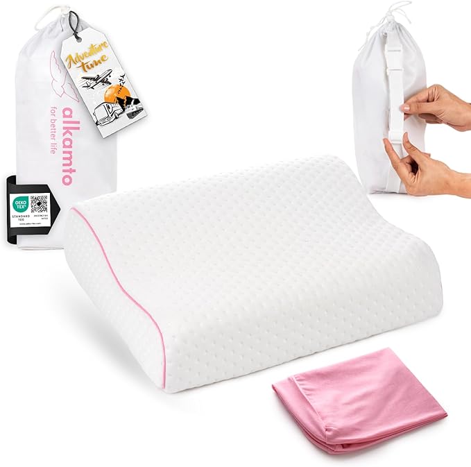 alkamto Travel &amp Camping Comfortable Memory Foam Pillow – Easy to Carry Portable Bag – Temperature Regulating Pillow Case (Pink Contour + Extra Cover)