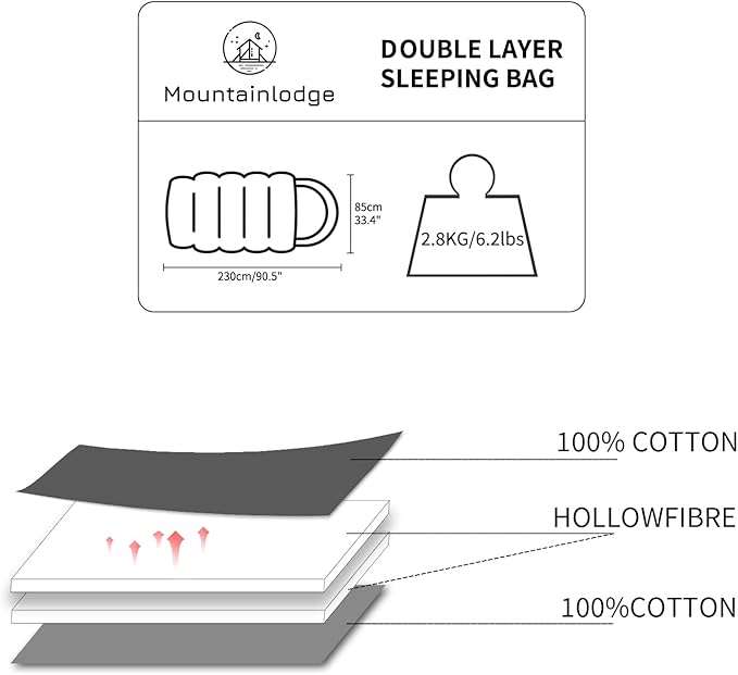 Mountainlodge 100% Cotton Shell and Lining Sleeping Bag for Adult Cold Weather with Compression Bag&ampCarry Bag for CampingTravel and Car Camping