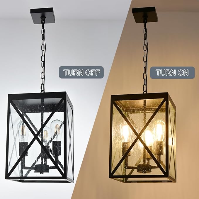 TODOLUZ Large Outdoor Pendant Light Black Exterior Ceiling Porch Light with Seeded Glass Panel Outdoor Chandelier Hanging Lantern for Garage Entryway Patio Front Door