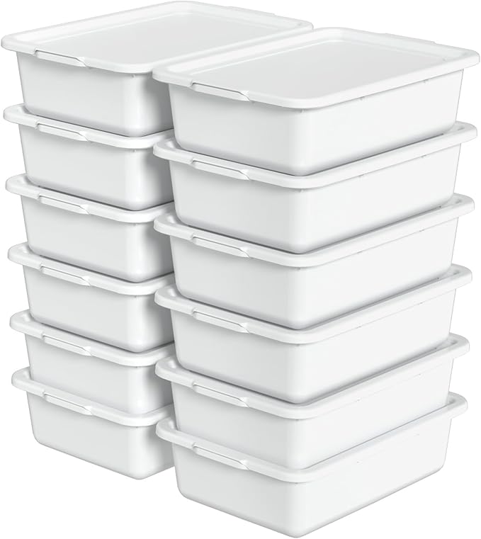 Yuright 12 Pack Commercial Bus Tubs with Lids 13 L Plastic Bus Boxes for Restaurant White