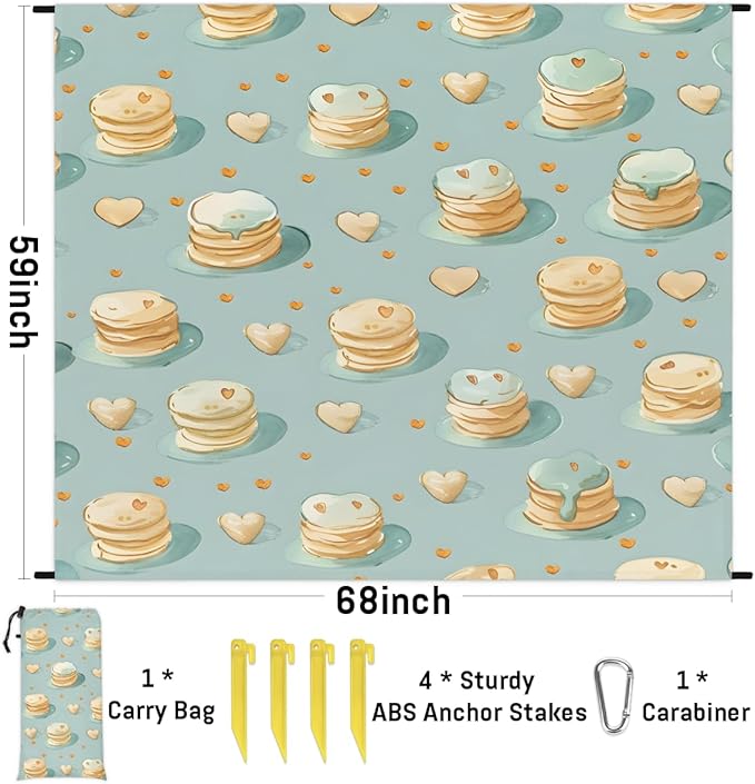Waterproof Sandproof Beach Blanket 59''×68'' Food Biscuits Polyester Outdoor Picnic Blanket with 4 Stakes &amp Storage Bag for BeachCampingVacation Light Green