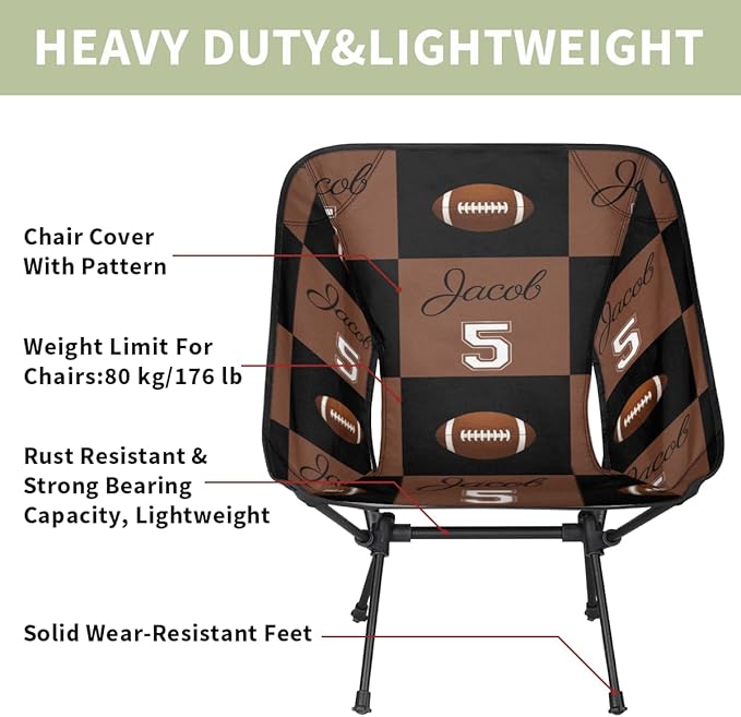 Custom Camping Chair Personalized Portable Backpacking Chair with Name Lightweight Folding Chair for Beach Hiking Football Theme