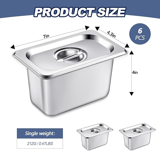 Mifoci 6 Pack Stainless Steam Hotel Pan with Lid 1/9 Size x 4 Inch Deep Steam Table Pan Restaurant Supplies Reusable Anti Rust Catering Storage for Home Party Restaurant Hotel Buffet
