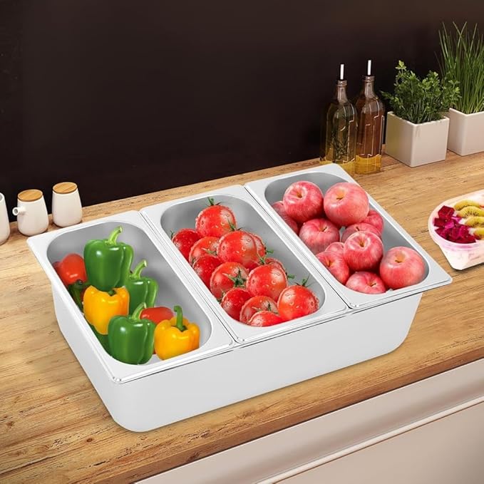 Stainless Steel Buffet Pan with Lid for Restaurant and Event Catering Rectangular Seasoning Box with 3-compartment