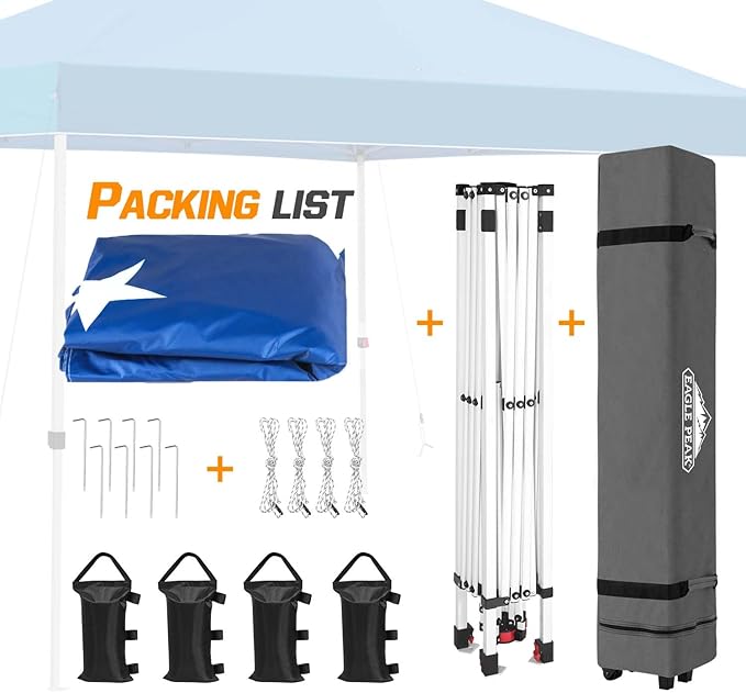 EAGLE PEAK Pop Up Canopy Tent with Wheeled Carry Bag 8 Stakes 4 Ropes 4 Weight Bags Easy Set Up Tent Canopy 10x10 ft 100sqft of Shade American Flag