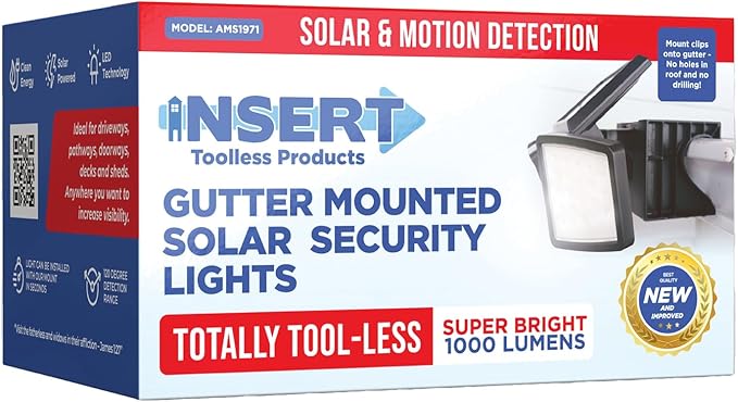 Insert Solar Lights AMS1971 1000 Lumens Motion-Activated Triple-Head Solar-Powered Security Light with Tool-Free Gutter Mount Bracket (Black)