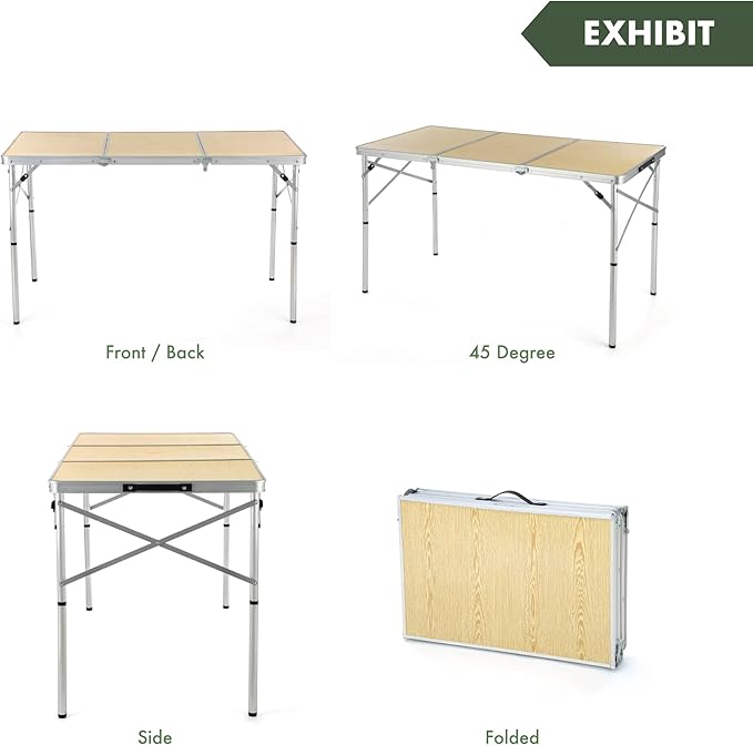 ARROWHEAD OUTDOOR 4’ ft Heavy-Duty Portable Aluminum Frame Folding Table w/Leveling Feet Solid Tabletop Surface 2 Adjustable Heights Carrying Case Included Lightweight USA-Based Support