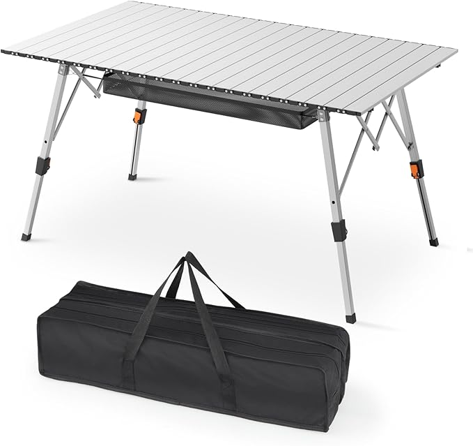 Athena Collection Foldable Camping Table 47 Aluminum Outdoor Folding Camp Table with Mesh Layer Telescopic Legs and Carry Bag Lightweight and Portable for Outdoor Camping Picnic Grilling Silver