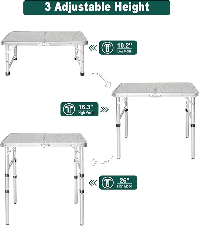 REDCAMP Small Camping Table 2 Foot Portable Aluminum Frame Folding Table Adjustable Height Lightweight for Picnic Beach Outdoor Indoor White 24 x 16 inch (3 Heights)