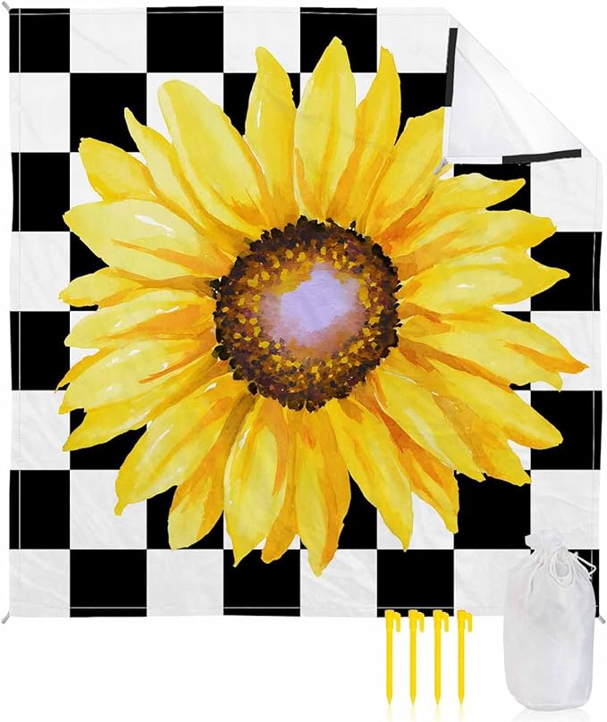 Beach Blanket Waterproof Sandproof Watercolor Sunflower on Checkered Quick Drying Beach Mat with 4 Stakes Yellow Black White Lightweight Picnic Blanket for Travel Camping Outdoor 118x108
