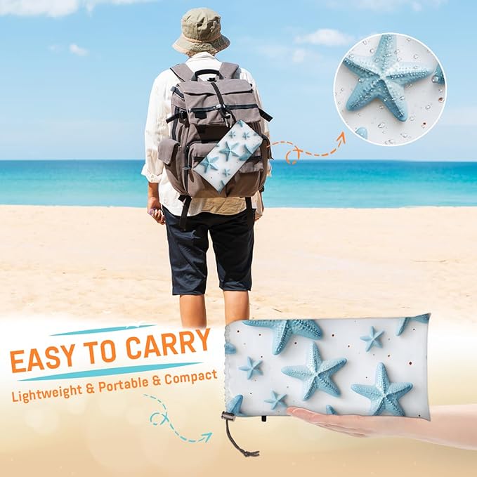 Waterproof Sandproof Beach Blanket 59''×68'' Starfish Polyester Outdoor Picnic Blanket with 4 Stakes &amp Storage Bag for BeachCampingVacation Light Blue