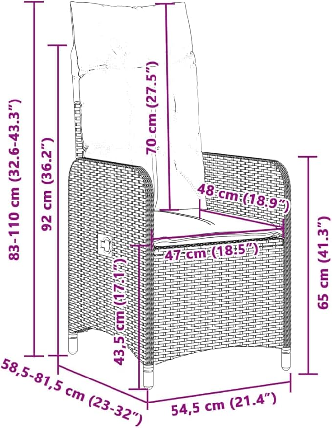 Reclining Garden Chair Set of 2 Brown All Weather Poly Rattan Patio Recliner with Adjustable Backrest 23x21.5x36.2 in Outdoor Lounge for Balcony Deck Terrace