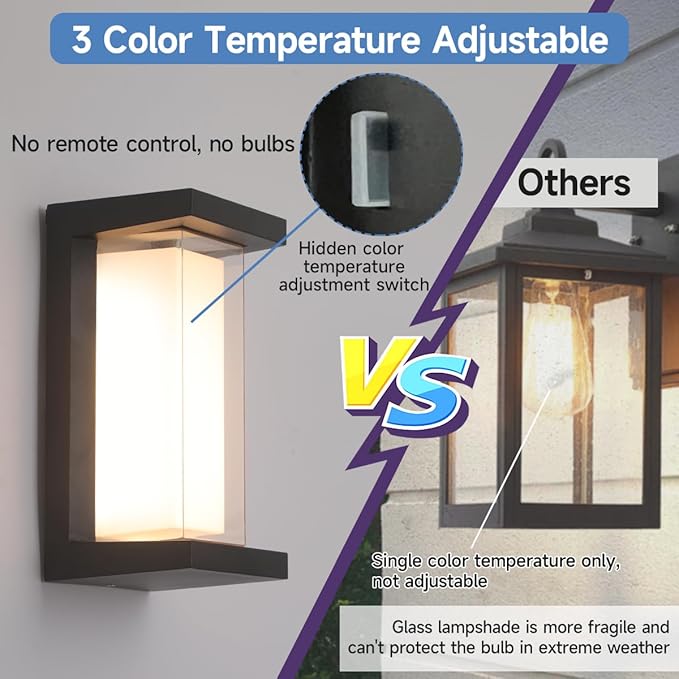 24W Outdoor Porch Light15%-100% Dimmable Outdoor Wall Lights3000K/4000K/6500K Adjustable Outdoor Modern Wall Sconce LightsWaterproof Exterior Wall Lighting2160LM Indoor Wall Sconce 4 Pack