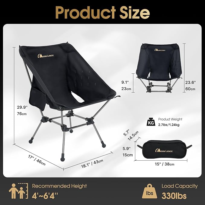 MOON LENCE Portable Camping Chair Plus Larger &amp Roomier Compact and Lightweight Still Folding Chair for Backpacking &amp Hiking 330Lbs Capacity (Black)