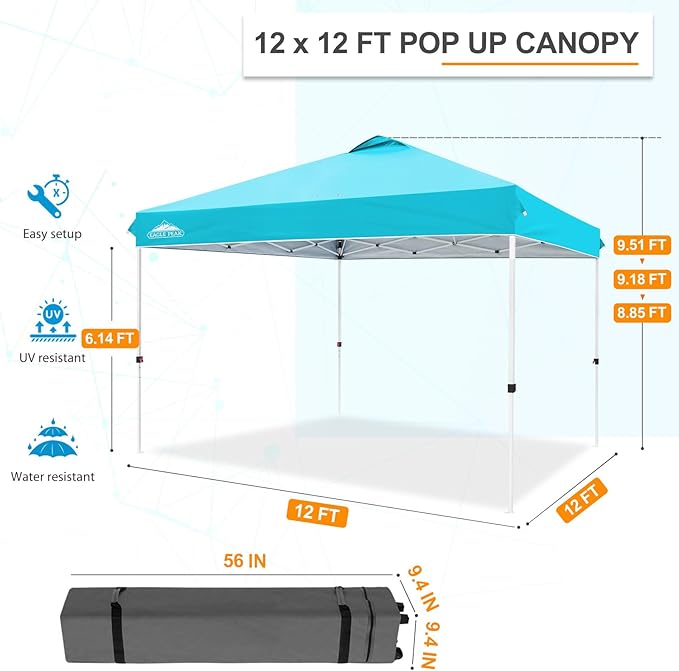 EAGLE PEAK Pop Up Canopy Tent with Wheeled Carry Bag 8 Stakes 4 Ropes 4 Weight Bags Easy Set Up Tent Canopy 12x12 ft 144sqft of Shade Light Blue