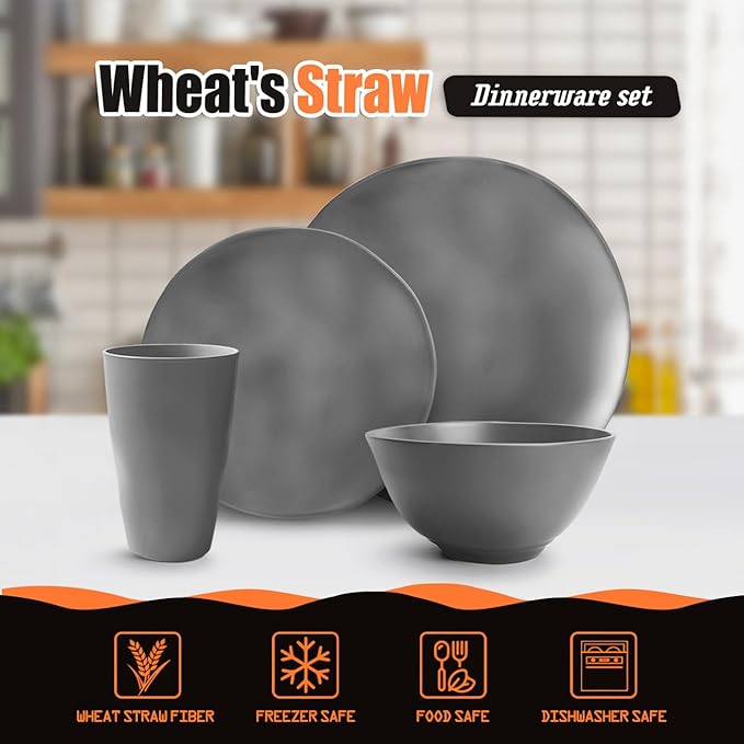 Teivio 32-Piece Kitchen Plastic Wheat Straw Dinnerware Set Service for 8 Dinner Plates Dessert PlateCereal BowlsCups Unbreakable Plastic Outdoor Camping DishesIrregular Deep Gray