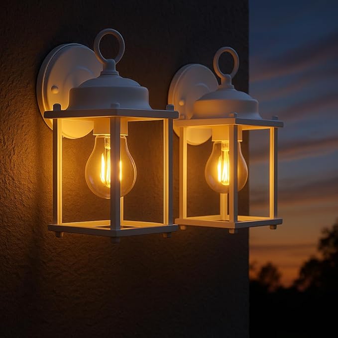 GRUENLICH Outdoor Wall Sconce Exterior Wall Lighting Fixtures with Clear Glass Front Porch Lighting Anti-Rust Outside Lights for Patio Doorway White 2 Pack