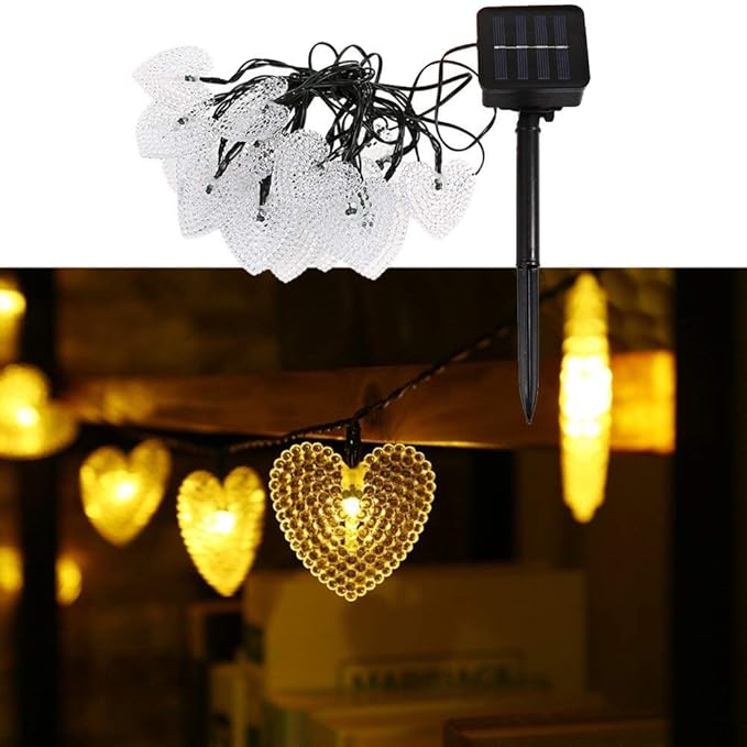 Solar Heart String Light Waterproof Outdoor Heart-Shaped Fairy Lights 30LED 19.7ft Love Heart Shape Garden Lights for Party Wedding Christma Decoration (Warm White)