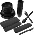 4sets Black Camping Dishes Utensil Picnic Lunch Box Fork Spoon Knife Bowl Cup Reusable Easy Clean Fine Dining