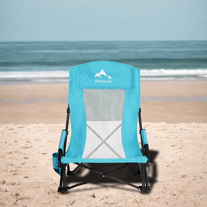 Oileus Folding Portable Beach Chair Lightweight High Back Low Seat for Tent &amp Shelter &amp Camping Full Mesh Back Cup Holder Storage/Carry Bag Armrest - 1 Pcs