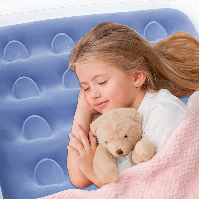 Inflatable Kids Travel Bed Toddler Air Mattress SetPortable Blow Up Mattress Sleeping Bed Cot with Bed Rails and Electric Pump Ideal for Road Trip