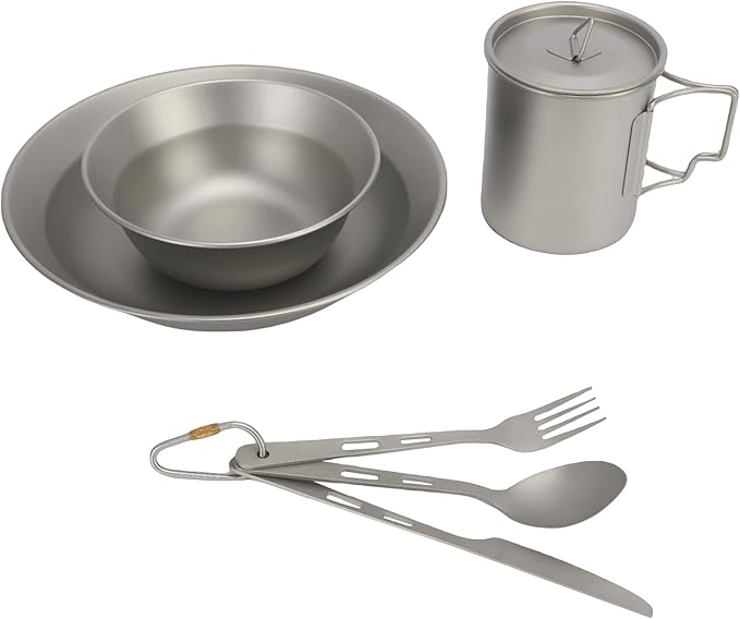 Sanpyl Ti Camping Cutlery Set Includes Plate Bowl Cup Cutter Fork Spoon Lightweight Portable Camping Utensil Kit for Backpacking Hiking Picnics