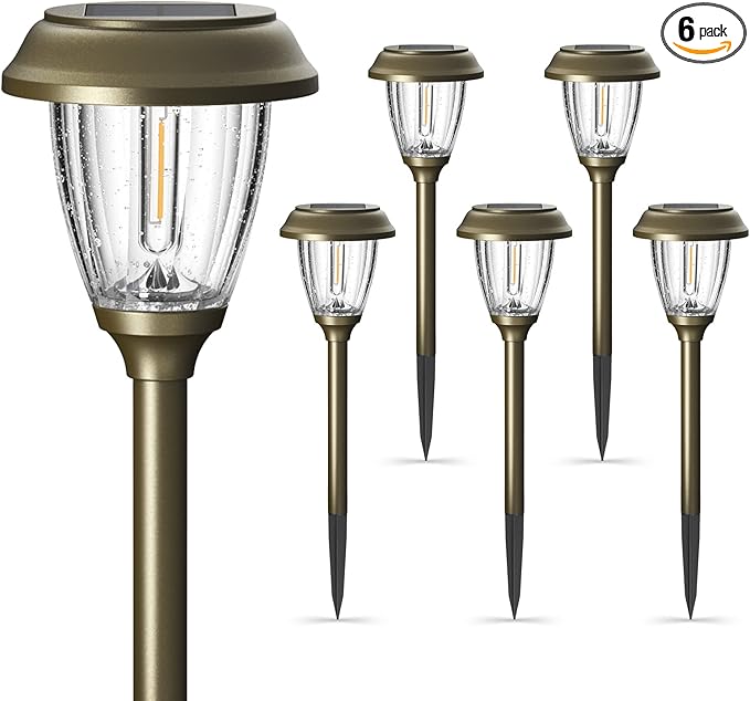 XMCOSY+ Solar Lights Outdoor 10/25 LM LED with 2 Lighting Modes Solar Garden Lights Glass and Metal IP65 Waterproof Solar Powered for Yard Pathway Walkway Driveway Patio (6 Pack Warm White)