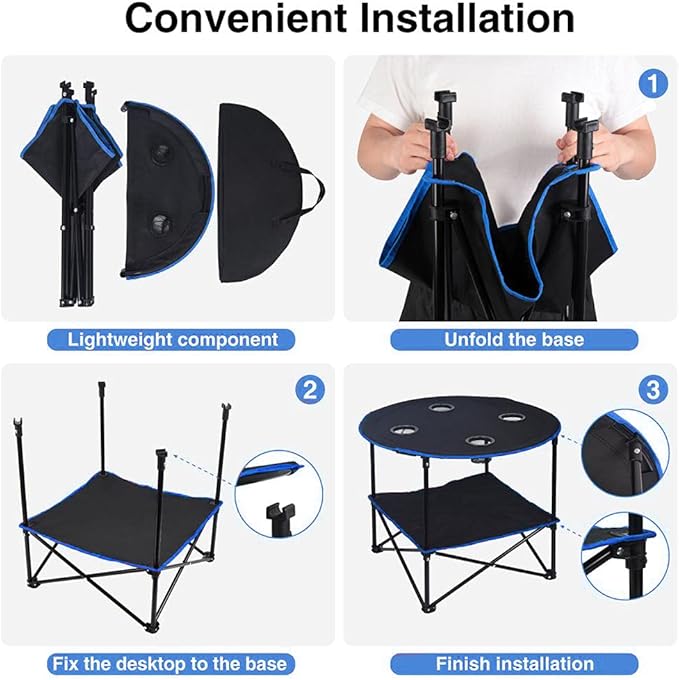 LEADALLWAY Folding Picnic Table Portable Outdoor Camping Table with 4 Cup Holders and Carrying BagsCollapsible Canvas Travel Table for Outdoor PicnicBarbecueTravelFishing (Black+Blue)