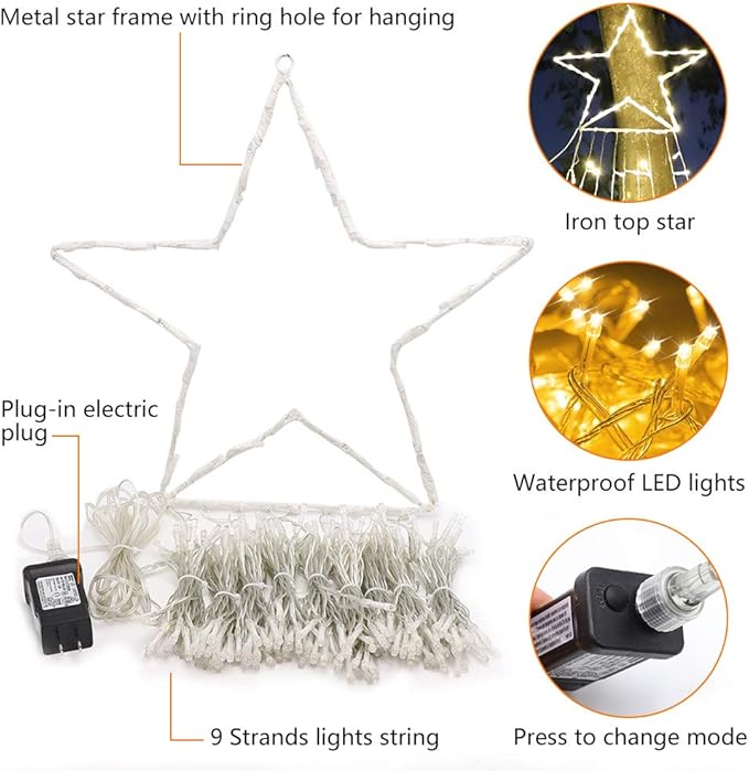 PUHONG Christmas Decoration Star Lights Outdoor320 LED 16.4Ft Christmas String Lights[8 Modes&amp Waterproof] for Halloween Xmas New Year Holiday Birthday(Iron) (Warm White)