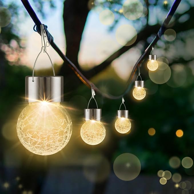 Solar Lights Outdoor Decorative 32 Pack Hanging Solar Garden Lights Waterproof Solar Powered Globe Lantern Cracked Glass Ball Lights for Yard Patio Fence Tree Umbrella Holiday Decoration Warm White