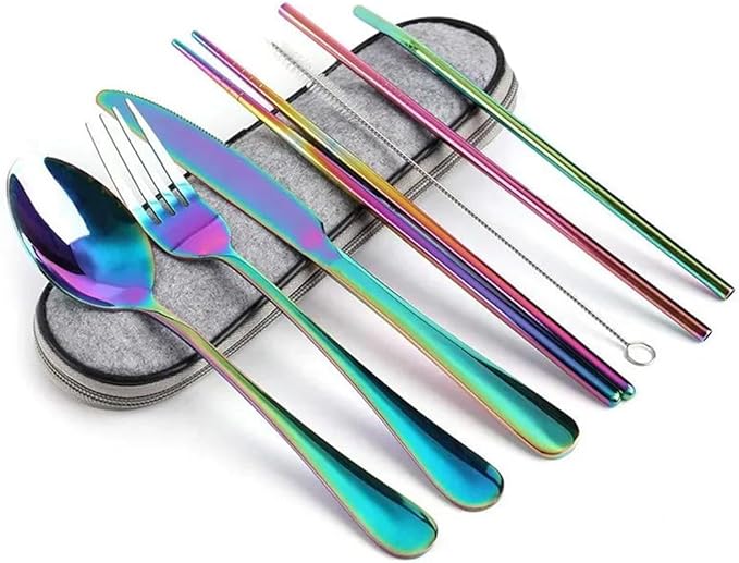 8Pcs Tableware Reusable Travel Cutlery Set Camp Utensils Set with Stainless Steel Spoon Fork Chopsticks Straw Portable Case