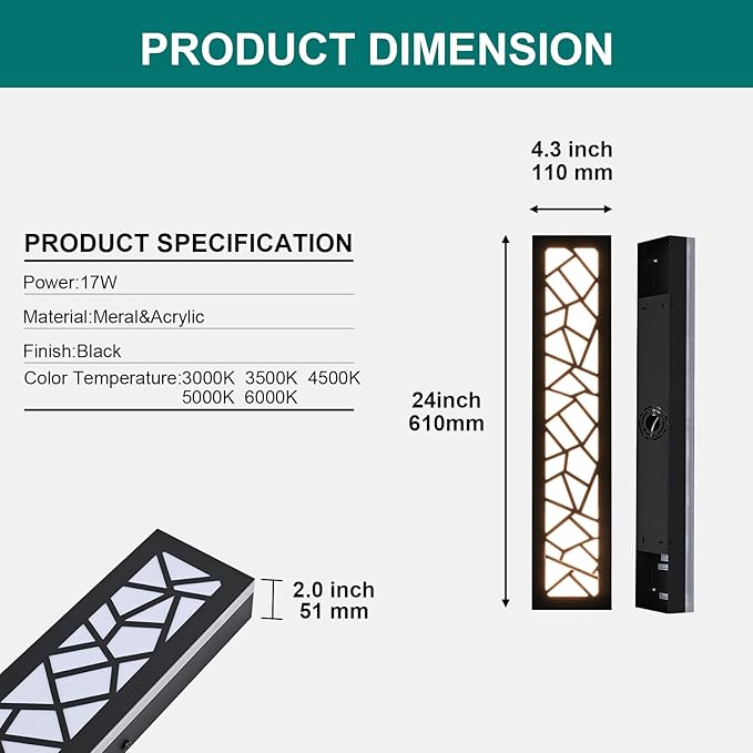 2 Pack LED Outdoor Long Wall Lights24 inch Outdoor Linear Light for PorchDimmable Wall Mounted Light FixturesExterior Long Linear LightingOutside Lighting for PatioHouse Front Door