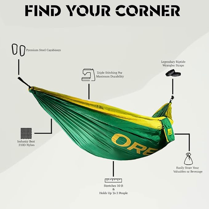 Rincon Official (University of Oregon) College Hammock - Premium 210T Nylon Spacious 112 x 74 inches (LxW) Double &amp Single Camping Hammock - Portable Outdoor Adventure Gear for Students and Alumn