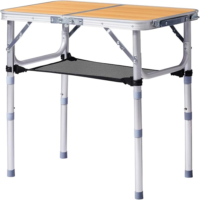 2 FT Folding Camping Table with Storage Portable Fold-in-Half Camp Kitchen Party Table 3 Height Adjustable &amp Carry Handle Rectangular Card Tables for Outdoor Picnic BBQ Backyard (Wooden Pattern