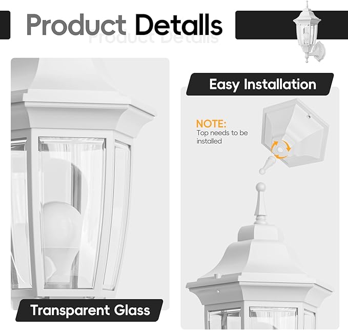 EMART Dusk to Dawn Outdoor Porch Light Exterior Anti-Corrosion Waterproof Aluminum &amp Glass Shades Wall Lamp Fixture Modern Sconce Lantern for Yard House Garage - 1 Pack White （Bulb Included）