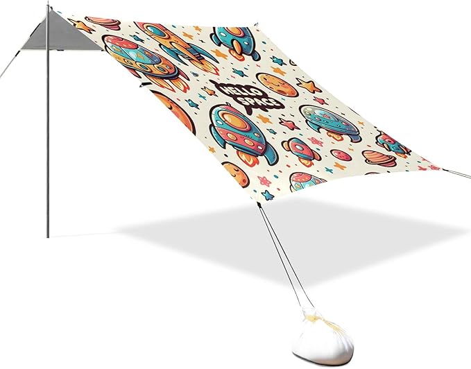 Cartoon Spaceship Cute Spaceship with The Word Camping Sun Shelter Beach Tent Portable Beach Sun Shade Outdoor Canopy for Camping Trips Fishing Picnic