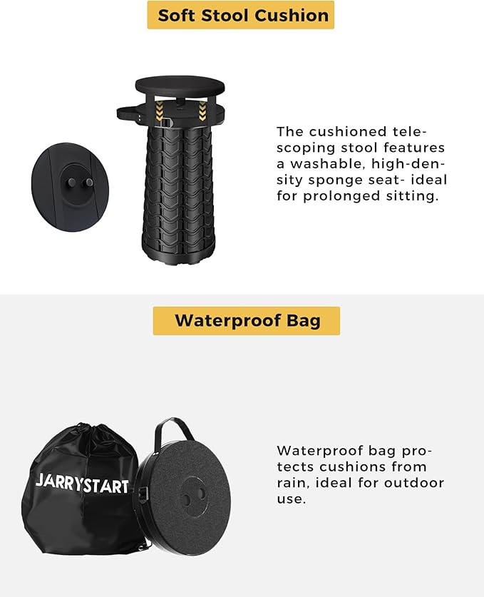Upgraded Collapsible Stool with Detachable Cushion &amp Waterproof Bag - 400lbs Heavy Duty Portable Folding Stool for Adults Telescoping Camping Seat with Carrying Straps for Fishing Hiking Travel B