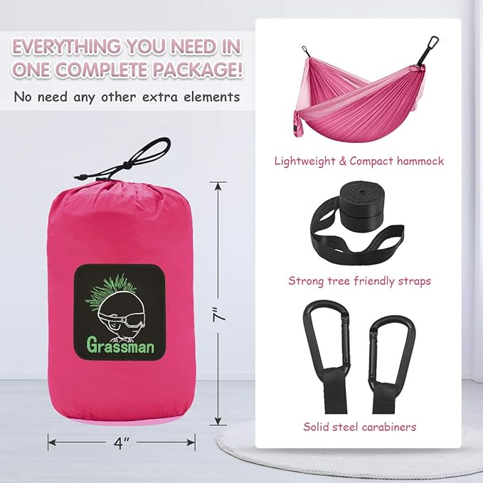 GRASSMAN Kids Hammock-Small Camping hammocks Portable Camping Gear for Child Indoor/Outdoor use with Tree Straps &amp Carabiners Pink