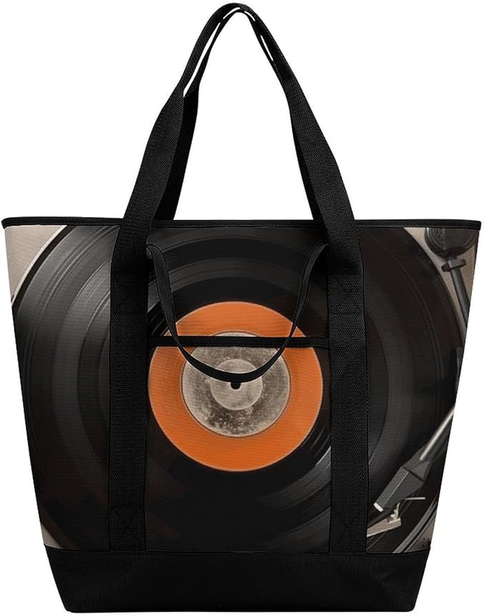 Insulated Shopping BagLarge Reusable Cooler Bags Vintage Vinyl Record Printed Foldable Shopping BagTravel Waterproof Shoulder Bag