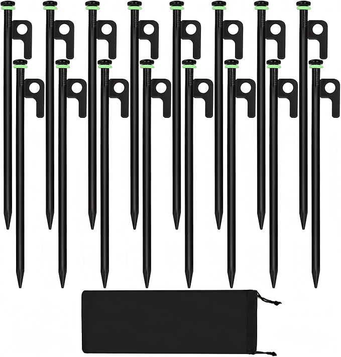 16Pcs Tent Stakes 12in Heavy Duty Tent Stakes with Storage Pouch Dia. 0.35 Forged Steel Stakes for Tent Used on Rocks Grassland Snowfield(16Pcs 12in Stakes)